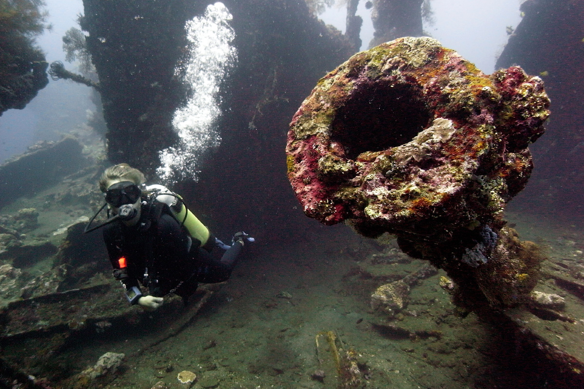 Liberty wreck and diver, East of Bali